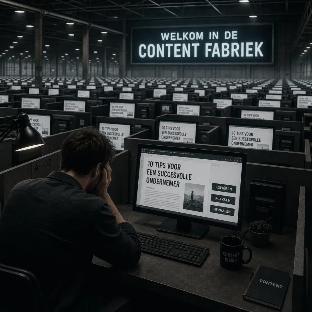 Man achter zijn bureau in de content fabriek