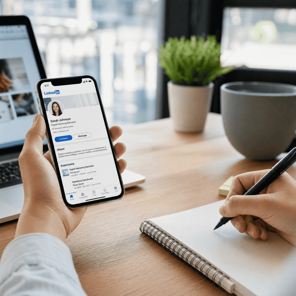 Linkedin op telefoon aan bureau