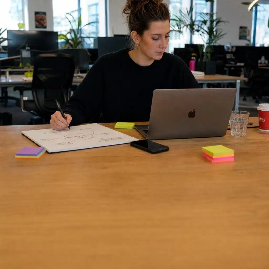 Vrouw achter bureau werkt achter laptop en schrijf in schrift