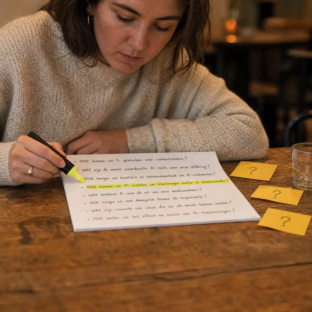 Vrouw achter bureau met een papier met vragen erop